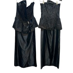 Vintage 80s Black Strapless Lace Peplum Gown Rhinestone Bow Holiday Dress Small